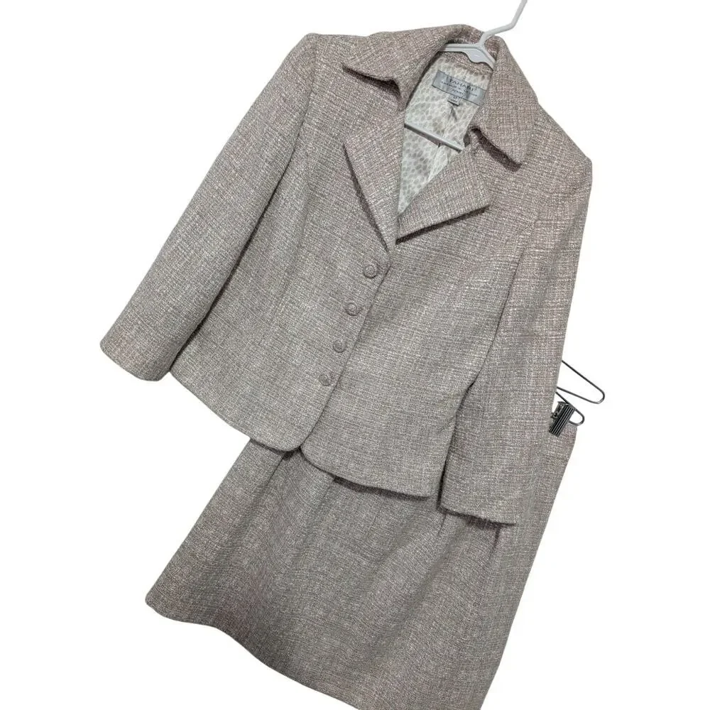 TAHARI! STUNNING PINK, CREAM, BEIGE/TAN NUBBY 2 PC SKIRT & JACKET SUIT SET! 6P